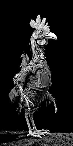 Generate a full-body photonegative refractograph x-ray of an arhthro furry humanoid bipedal rooster game show host, in styles inspired by celesticore, quizwave, roosterpunk, and spotlightcore. --c 1 --weird 1 --ar 1:2 --v 6.0