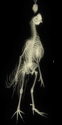 Generate a full-body photonegative refractograph x-ray of an arhthro furry humanoid bipedal rooster game show host, in styles inspired by celesticore, quizwave, roosterpunk, and spotlightcore. --c 8 --weird 60 --ar 1:2 --v 6.0