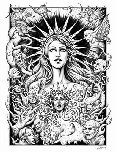 Generate a full page, light grayscale, simple line art adult colouring page featuring a beautiful goddess of nightmares and dreams with teeth surrounded by an intricate and menacing array of hand drawn doodles of twisted creatures and creepy entities. The image should showcase a variety of entities and supernatural creatures. The creatures are a swarm of smaller nightmare entities, including snarling beasts, twisted vines and flowers, skulls. The line art should emphasise clean, crisp lines with varying thickness to create depth and contrast. The grayscale remains light, allowing for easy shading and blending, and encouraging colourists to experiment with their own colour palettes. Incorporate a subtle background pattern or texture to provide additional visual interest without distracting from the main subject. This colouring page should provide an engaging experience for adults, encouraging creativity. The overall effect is one of dark and brooding malevolence, perfect for those who like to embrace their inner darkness. --ar 17:22