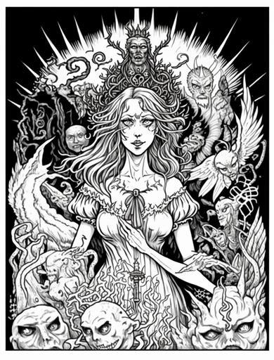 Generate a full page, light grayscale, simple line art adult colouring page featuring a beautiful goddess of nightmares and dreams with teeth surrounded by an intricate and menacing array of hand drawn doodles of twisted creatures and creepy entities. The image should showcase a variety of entities and supernatural creatures. The creatures are a swarm of smaller nightmare entities, including snarling beasts, twisted vines and flowers, skulls. The line art should emphasise clean, crisp lines with varying thickness to create depth and contrast. The grayscale remains light, allowing for easy shading and blending, and encouraging colourists to experiment with their own colour palettes. Incorporate a subtle background pattern or texture to provide additional visual interest without distracting from the main subject. This colouring page should provide an engaging experience for adults, encouraging creativity. The overall effect is one of dark and brooding malevolence, perfect for those who like to embrace their inner darkness. --ar 17:22