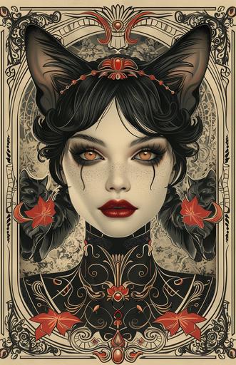 Generate a hand illustrated lithographic portrait in at the style of Art Nouveau, Belle Epoch, French advertising posters. Cat vampire background pattern. --ar 11:17 --s 222 --style raw