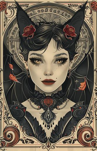 Generate a hand illustrated lithographic portrait in at the style of Art Nouveau, Belle Epoch, French advertising posters. Cat vampire background pattern. --ar 11:17 --s 222 --style raw