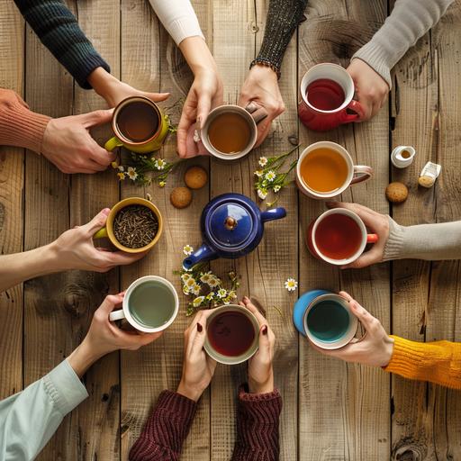 Generate a high-resolution, HD top-view photograph capturing the heartwarming scene of a diverse community gathering around a light oak wooden palette table. The table is adorned with an array of mugs, each displaying different colors and sizes, filled with aromatic tea. In the center, an English teapot adds a touch of elegance to the setting. Hands of individuals from various backgrounds are reaching towards the unique mugs, embodying the joy of community engagement. Infuse the image with the lively atmosphere of spring, incorporating blossoms and cheerful decor around the light oak wooden table. Enhance the inclusivity by featuring people of different ages, ethnicities, and backgrounds. Ensure a heartwarming touch by including a 'Ramadan Kareem' element – a special cookie for takeaway, symbolizing warmth and unity, especially for those observing the fast. Provide a 16:9 portrait orientation to the image, capturing the panoramic essence of this inclusive and joyful community tea gathering in stunning high-definition resolution