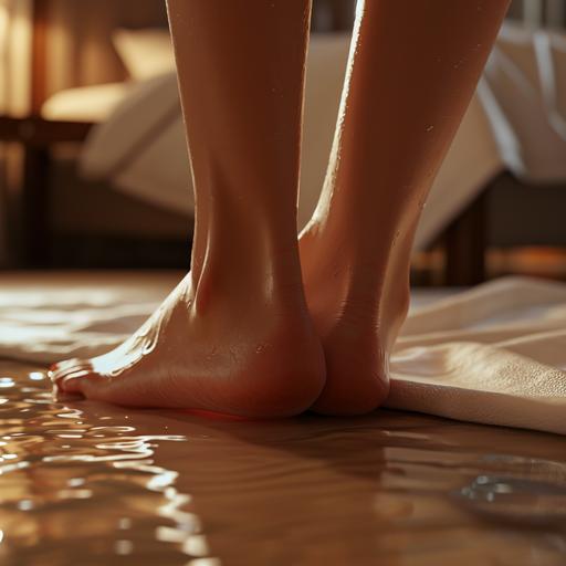 Generate a high-resolution, photorealistic close-up image of female feet with a focus on capturing realistic details. The scene should be set indoors, featuring a background that represents a bedroom. The lighting should be natural, creating a warm and inviting atmosphere. Pay close attention to the textures and details of the feet, including skin tones, wrinkles, and any subtle features. The composition should highlight the closeness of the shot, allowing for an immersive and authentic depiction of feet in a comfortable indoor environment --v 6.0 --style raw