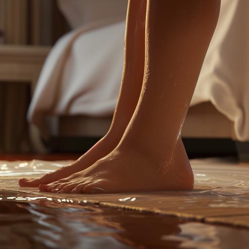 Generate a high-resolution, photorealistic close-up image of female feet with a focus on capturing realistic details. The scene should be set indoors, featuring a background that represents a bedroom. The lighting should be natural, creating a warm and inviting atmosphere. Pay close attention to the textures and details of the feet, including skin tones, wrinkles, and any subtle features. The composition should highlight the closeness of the shot, allowing for an immersive and authentic depiction of feet in a comfortable indoor environment --v 6.0 --style raw