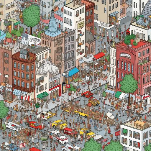 Generate a highly-detailed illustration of New York City in the style of 'Where's Waldo?' with a resolution of 300 DPI and dimensions of at least 20 inches by 30 inches. The illustration should include over 1000 characters in various poses and activities, ranging from tourists and street vendors to city workers and iconic New York figures. The illustration should be set in a bustling Times Square-like area, complete with towering skyscrapers, bright billboards, and intricate storefronts. Include as many details as possible, such as street performers, hot dog vendors, street signs, and famous landmarks like the Empire State Building and the Statue of Liberty. Ensure that the illustration has a sense of depth and perspective, with people and objects varying in size and scale based on their distance from the viewer. The colors used should be vibrant and eye-catching, with a mix of warm and cool tones to create a lively and energetic atmosphere. Use shading and lighting to create depth and texture in the illustration, with shadows cast by the buildings and characters. Finally, ensure that the illustration is highly-detailed and intricate, with each character and object carefully crafted to add to the overall complexity and richness of the image. The end result should be a visually stunning and immersive illustration that captures the energy and diversity of New York City in the style of 'Where's Waldo?'.