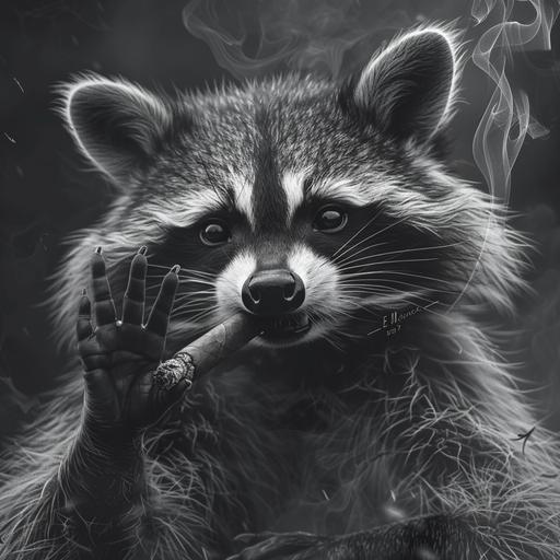 Generate a hyperrealistic, black and white image of a raccoon with its paw raised, giving a peace sign. The raccoon should be portrayed in striking detail, showcasing the texture of its fur and a lifelike expression. The focus is on the raccoon's paw, clearly showing two fingers raised in a peace sign, separate from its mouth. In the raccoon's mouth, place a single, lit cigar, with realistic smoke curling upwards. The cigar should be well-defined, with glowing embers and wisps of smoke to enhance the realism. The background should be absent to keep all attention on the raccoon's actions - the peace sign and smoking the cigar. This image is intended for a sophisticated canvas print in a cigar bar, combining elements of whimsy and elegance.