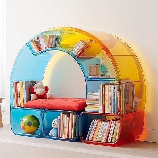 Generate a kid-friendly acrylic bookshelf for a children's reading area. The dimensions should be 140x30x90 cm, featuring a curved design that subtly resembles an elephant without being too literal. Use vibrant acrylic colors – red, blue, and yellow – in different sections to create a colorful appearance. The bookshelf should have a 360-degree rotating function for easy access to books by children. Ensure the design is both engaging and suitable for a children's reading environment. --v 5.2
