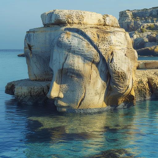Generate a lifelike image of a huge Greek Goddess statue. Show half of it in the Mediterranean Sea, sticking out of the water. Make it look old. Set it in the Aegean Islands. --v 6.0 --s 250
