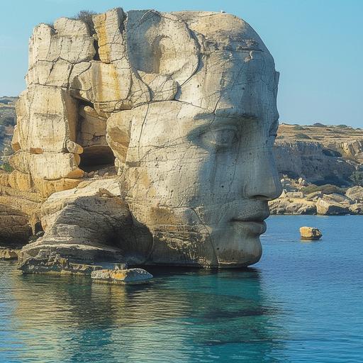 Generate a lifelike image of a huge Greek Goddess statue. Show half of it in the Mediterranean Sea, sticking out of the water. Make it look old. Set it in the Aegean Islands. --v 6.0 --s 750 --style raw