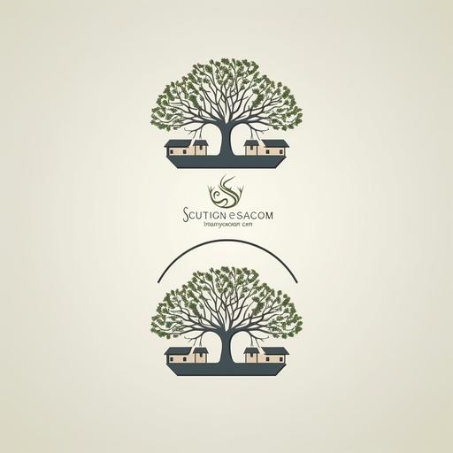 Generate a logo for a healing center named 'Skutesjön Healing Arts Center'. The logo should be inspired by nature, healing, and community. Incorporate elements such as a house, a ship (Swedish 'skuta'), an ash tree (symbolizing Yggdrasil), and a greenhouse. The logo should be harmonious and organic. Avoid including text in the logo. The color palette should be soothing and natural, with hues of green, blue, and earth tones, the design should be modern and make references to spiritual lifestyles and sacred geometry