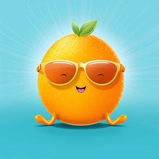 Generate a mandarine with sunglasess and sun behind. Cartoon style