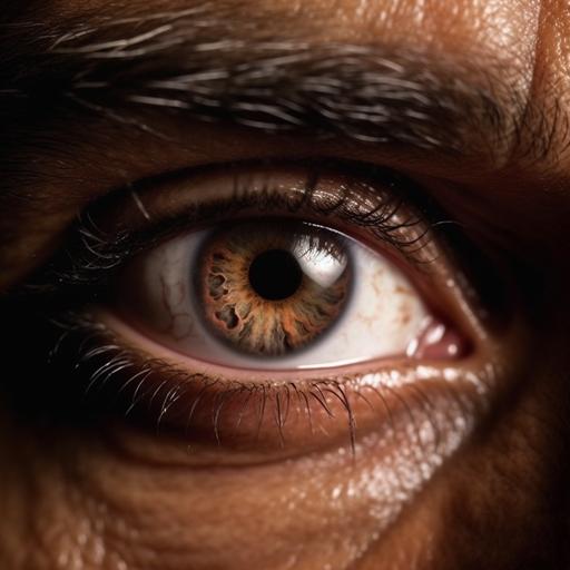 Generate a photo realistic high definition image of an eye with brown iris of a man of Indian descent.