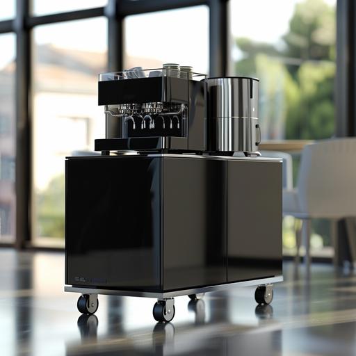 Generate a photorealistic 8k resolution image of a perfectly rectangular, ultra-modern coffee cart designed for business use, featuring a luxurious, matte black finish that epitomizes minimalism with its sharp, clean lines. The cart's design is the pinnacle of contemporary elegance, with a strict adherence to a sleek, rectangular form. Positioned centrally on the cart is a state-of-the-art espresso machine, the sole accessory, which perfectly complements the cart's aesthetics. This espresso machine should have a glossy black surface with refined silver accents, mirroring the cart's minimalist design while highlighting its advanced functionality and stylish appeal. The espresso machine's design should be modern and rectangular, maintaining the overall theme of the cart. It is essential that the espresso machine appears integrated into the cart's surface, showcasing a seamless and uncluttered look that emphasizes the coffee cart's streamlined efficiency and sophisticated simplicity. The background should feature a softly blurred modern office environment, with natural light streaming through large glass windows, subtly reflecting off the cart and espresso machine's surfaces to reveal the exquisite texture of the materials used. The focus on realistic textures, like the matte finish of the cart's body and the glossy sheen of the espresso machine, along with precise lighting, should enhance the cart's features, casting gentle shadows that underscore its elegant design.