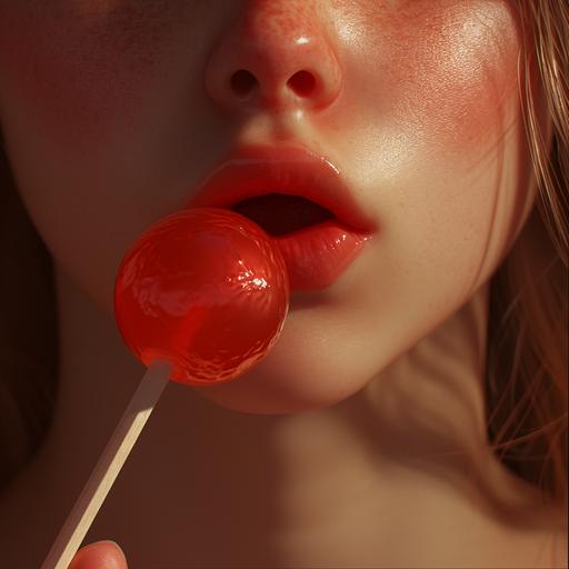 Generate a photorealistic close-up of a girl holding a red lollipop, emphasizing her lips, chin, and neck. Exclude the eyes from the image. The tongue should be visible, licking the lollipop. Pose: The girl should be holding the lollipop close to her lips, with the tongue licking the lollipop. Capture a moment of enjoyment or playfulness. Ensure a natural and spontaneous pose. Facial Features: Focus on rendering the lips, capturing details such as texture, color, and the playful expressions associated with enjoying a lollipop. Include the chin and part of the neck in the frame. Lollipop Details: Highlight the details of the red lollipop, especially where it meets the lips. Emphasize the texture, shine, and the play of light on the lollipop's surface. Make sure the action of licking is visible. Tongue Details: Pay attention to the tongue details, capturing its texture, color, and the motion of licking the lollipop. Hair: Render any visible hair strands with attention to natural flow and detail. The hairstyle should complement the overall playful mood of the scene. Background: Place the girl in a setting with soft, natural lighting, creating a warm and playful atmosphere. Consider a simple background to maintain focus on the facial features. Lighting: Utilize natural lighting to enhance the realism of the scene. Pay close attention to the interplay of light and shadows on the lips, chin, tongue, and neck. Additional Details: Include subtle details like the glossiness of the lollipop, reflections, and any other elements that contribute to the lifelike portrayal of a fun and lighthearted moment. Style: Generate the image in a photorealistic style, ensuring meticulous attention to detail for a convincing and emotionally resonant depiction [...]