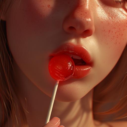 Generate a photorealistic close-up of a girl holding a red lollipop, emphasizing her lips, chin, and neck. Exclude the eyes from the image. The tongue should be visible, licking the lollipop. Pose: The girl should be holding the lollipop close to her lips, with the tongue licking the lollipop. Capture a moment of enjoyment or playfulness. Ensure a natural and spontaneous pose. Facial Features: Focus on rendering the lips, capturing details such as texture, color, and the playful expressions associated with enjoying a lollipop. Include the chin and part of the neck in the frame. Lollipop Details: Highlight the details of the red lollipop, especially where it meets the lips. Emphasize the texture, shine, and the play of light on the lollipop's surface. Make sure the action of licking is visible. Tongue Details: Pay attention to the tongue details, capturing its texture, color, and the motion of licking the lollipop. Hair: Render any visible hair strands with attention to natural flow and detail. The hairstyle should complement the overall playful mood of the scene. Background: Place the girl in a setting with soft, natural lighting, creating a warm and playful atmosphere. Consider a simple background to maintain focus on the facial features. Lighting: Utilize natural lighting to enhance the realism of the scene. Pay close attention to the interplay of light and shadows on the lips, chin, tongue, and neck. Additional Details: Include subtle details like the glossiness of the lollipop, reflections, and any other elements that contribute to the lifelike portrayal of a fun and lighthearted moment. Style: Generate the image in a photorealistic style, ensuring meticulous attention to detail for a convincing and emotionally resonant depiction [...]