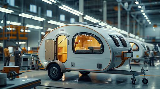 Generate a photorealistic image of a modern factory specializing in the production of teardrop caravans. The scene should vividly depict the manufacturing process, showcasing both the exterior and interior of these compact, streamlined caravans. Include detailed shots of the assembly line where the caravans are being meticulously crafted, highlighting the unique teardrop shape, lightweight materials, and innovative design features that make these caravans highly sought after. The factory setting should be well-lit, emphasizing the precision and care taken in each step of the construction, from the framing and insulation to the installation of custom interiors and aerodynamic exteriors. Capture the essence of craftsmanship and quality that goes into producing these luxury teardrop caravans, with workers engaged in their tasks, using high-tech tools and machinery. The composition should convey the atmosphere of a busy, productive manufacturing floor, with a focus on the sleek design and advanced functionality of the caravans. --ar 16:9 --s 250 --v 6.0 --style raw