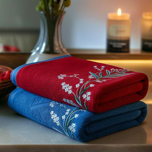 Generate a realistic photo of three beautiful red towels featuring embroidery of lily of the valley flowers, placed within an elegant bathroom setting. The towels should be arranged in such a way that highlights the detail of the embroidery against the rich blue fabric. The bathroom should reflect a sense of luxury and tranquility, with elements that complement the sophisticated design of the towels. Ensure the lighting accentuates the textures of the towels and the overall serene ambiance of the space --v 6.0