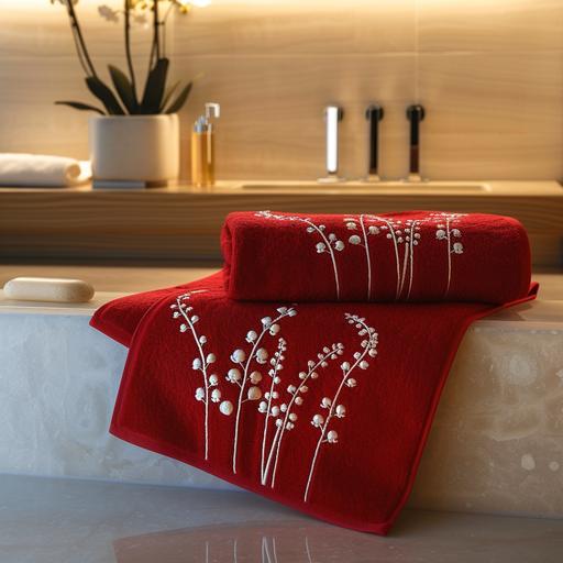 Generate a realistic photo of three beautiful red towels featuring embroidery of lily of the valley flowers, placed within an elegant bathroom setting. The towels should be arranged in such a way that highlights the detail of the embroidery against the rich blue fabric. The bathroom should reflect a sense of luxury and tranquility, with elements that complement the sophisticated design of the towels. Ensure the lighting accentuates the textures of the towels and the overall serene ambiance of the space --v 6.0