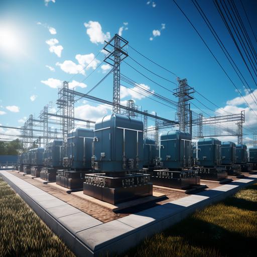Generate a realitic image of modern distribution transformers in supplying electricity to industry leaders. The image should show a distribution transformer in operation, seamlessly converting and distributing electricity. Emphasize the efficiency and sustainability of this crucial component in the electricity distribution system. Photorealistic, in a 10am clour coding.