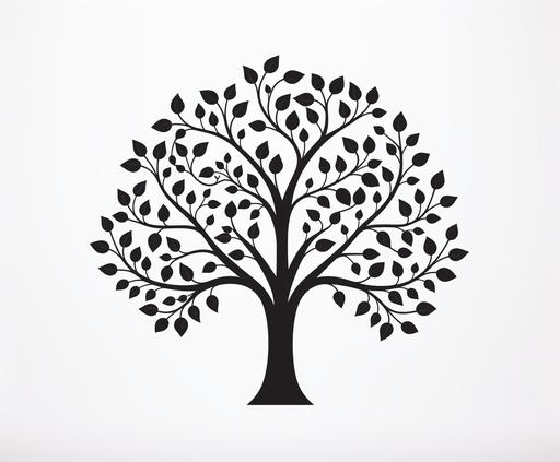 Generate a top view (flat) design with a white background. Focus only on the main design with absolutely no additional elements. A solid dark coloured tree silhouette design with extremely widely spread out big branches and big leaves, that can work as a family tree wall design. --ar 18:15