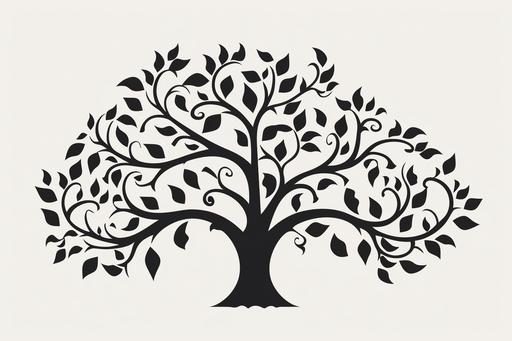 Generate a top-view (flat) design with a white background. Focus only on the main design with absolutely no additional elements. A solid dark coloured tree silhouette design with extremely widely spread out big branches and big leaves, that can work as a family tree wall design. --ar 3:2