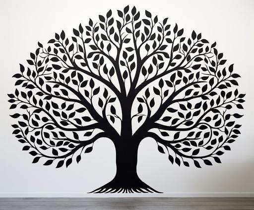 Generate a top view (flat) design with a white background. Focus only on the main design with absolutely no additional elements. A solid dark coloured tree silhouette design with extremely widely spread out big branches and big leaves, that can work as a family tree wall design. --ar 18:15