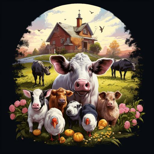 Generate a vector of a farm scene with adorable cartoon farm animals like cows, chickens, and pigs, and they are interacting with each other or participating in fun farm activities for a farm-themed t-shirt   high definition   ultra hd   detailed   realistic   8k resolution