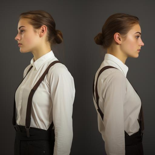 Generate a vertical image with a ratio of 3:4, which includes two images. On the left is a side view of a girl with a neck tilted forward, shoulders buckled in, and wearing a suspender. On the right is a profile view of a girl wearing a suspender without leaning forward and buttoning her shoulders