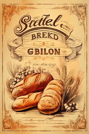 Generate a vintage-style sketch capturing the essence of a timeless bakery with vintage bread packaging, pastries, and iconic bakery brand logos on aged pape, --ar 2:3