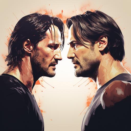 Generate an UFC poster of a fight between Keanu Reeves and Chandler Bing from the TV show friends. The poster should be accurate to the UFC style, with a realistic background and detailed, highly accurate and recognizable images of the celebrities. It should stay true to their body types, and popular images of their faces. The poster should not have any text on it.