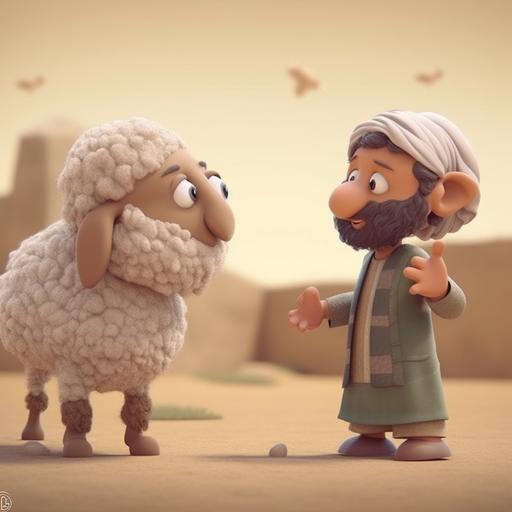 Generate an animated image that depicts a captivating scene for the occasion of Eid. The scene involves a male character engaged in an amusing act of pulling a sheep by his ears. However, the sheep, displaying resistance. Your objective is to employ your AI capabilities to animate this scene with precision. Ensure that the animation effectively conveys the comedic interaction between the guy and the sheep. The guy should be shown in the act of pulling the sheep from his ears, while the sheep exhibits playful resistance. Pay attention to the details, applying visually engaging elements such as vibrant colors, caracutier comics style, fluid animations, and expressive movements. Your goal is to create a visually appealing and entertaining animated image that captures the essence of Eid festivities. --q 1 --s 750 --v 5.1 --style raw