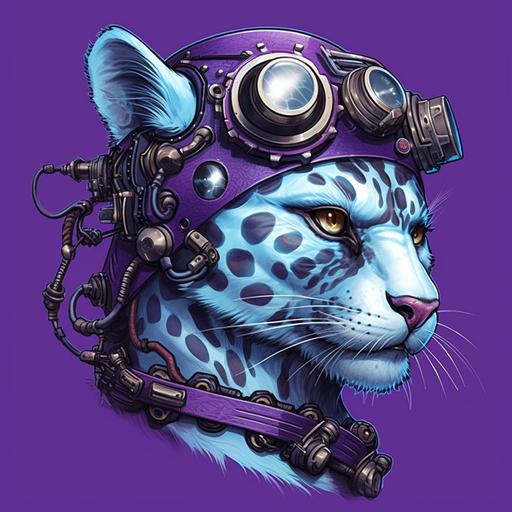 Generate an art deco-inspired piece featuring a purple leopard with white spots, wearing an eccentric outfit composed of steam-punk glasses and a helmet. The piece should showcase a side profile of the leopard, highlighting its entire head, body, and tail, with the mouth open to reveal its teeth. Use a cool lighting scheme and a color palette of blues, purples, and whites to convey a sense of mystery and intrigue. For composition, use a telephoto lens with a shallow depth of field to draw attention to the leopard's face and body while blurring the background. --s 750 --q 2