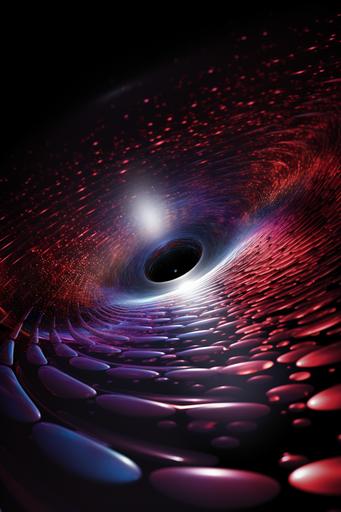 Generate an enigmatic event horizon of a black hole. The design should center on a stylized black circle, representing the black hole, with gradient hues of deep blue to pitch black at its core. Emerging from the black hole's center should be radiant beams of light bending around it, showcasing the gravitational lensing effect. Flares of red, purple, and white should be scattered around, symbolizing stars being affected by the immense gravitational pull. The logo's background should be a deep, star-speckled cosmos in shades of navy and midnight blue. Emblazoned across or beneath the black hole, incorporate a sleek silver play button symbol, suggesting video content. The overall impression should evoke mystery, awe, and the inescapable pull of the black hole's event horizon, --ar 2:3