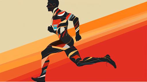 Generate an illustration of a person in profile, depicted while running. Incorporate a cross-section of their body to showcase the skeletal system, emphasizing the pelvic bone, femur, ribs, and a cross-section of the skull. The style should follow Bauhaus aesthetics, with geometric shapes, sharp angles, abundant details, and maintain anatomical correctness. Include Bauhaus-inspired geometric figures in the background --ar 16:9 --s 250