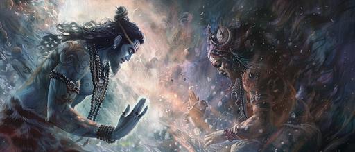 Generate an image depicting the divine scene of Lord Shiva standing at the feet of Goddess Kali. Show Shiva, the supreme deity of destruction and transformation, in a reverent posture, bowing down in front of Kali, the fierce and powerful goddess of time, change, and empowerment. Capture the intense and awe-inspiring atmosphere of this sacred encounter, with Shiva's serene presence contrasting with Kali's fierce demeanor. Let the image convey the profound spiritual symbolism of Shiva seeking the blessings and grace of Kali, illustrating the divine interplay between masculine and feminine energies in Hindu mythology. --ar 7:3