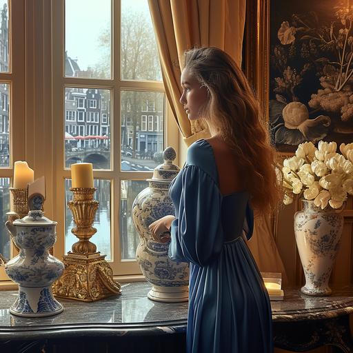 Generate an image featuring a model resembling Lara Stone, placed in an Amsterdam house setting. Emulate the lighting and contrast characteristic of Vermeer's paintings, ensuring a single light source from a large window on the left. Include a scenic view of Amsterdam canals and houses visible through the window. The model should be dressed in a royal blue silk dress with loose, blonde hair. Incorporate materials such as brass, marble, delft blue, and white tulips in vases within the scene. This visual is intended for a cosmetics brand, with a specific focus on scented candles. Please emphasize a product-centric approach, placing scented candles prominently. Ensure the ambiance exudes luxury and elegance, aligning with the brand's aesthetic.          --v 6.0 --s 750