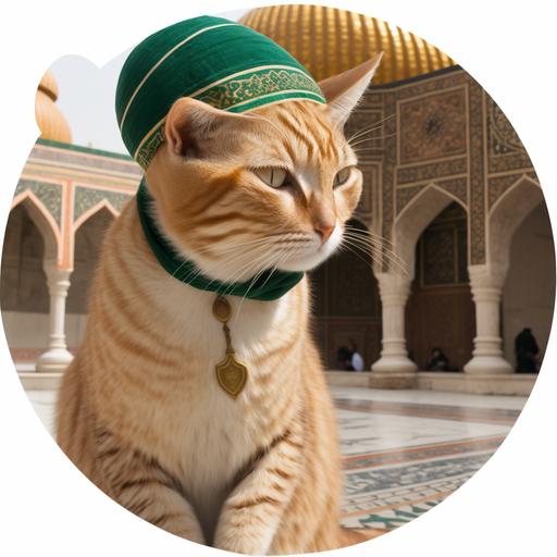 Generate an image of a male cat in the courtyard of a mosque, wearing a Muslim prayer cap and a tasbeeh around its neck. The cat should be a tabby with orange fur and white markings on its face and paws, and should be striking a cute pose while wearing big round glasses with gold frames. The Muslim prayer cap should be green with a white stripe, and should fit snugly on the cat's head. The tasbeeh around the cat's neck should be made of dark wooden beads and have a tassel at the end. The courtyard of the mosque should have a tiled floor with a pattern of blue and white squares, and there should be a fountain with water gently trickling in the background. There should be some potted plants and flowers around the courtyard, including some fragrant jasmine bushes. The overall lighting of the image should be warm and golden, as if it's early evening and the sun is setting behind the mosque. The image should have a peaceful and serene atmosphere, with a feeling of warmth and invitation --version 4