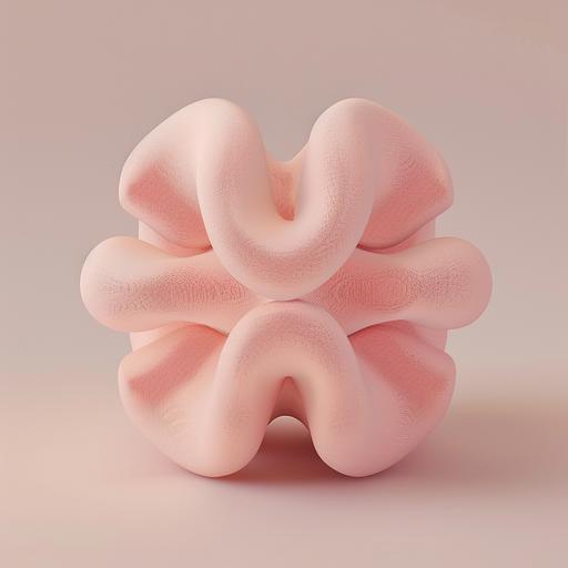 Generate an image of a symmetrical, soft-textured object resembling a plush toy or a piece of chewed bubblegum. The object should have multiple rounded protrusions extending outwards from a central point, creating an X-like form when viewed from this angle. It should be rendered in a soft, matte pink hue, evoking a sense of gentleness and calm. The object should have subtle shadows and highlights that suggest a soft, almost velvety texture. The lighting should be soft and diffused, enhancing the object's curves and the tactile quality of its surface. The background should be a neutral, light color to keep the focus on the pink object
