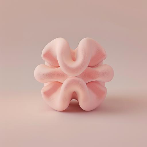 Generate an image of a symmetrical, soft-textured object resembling a plush toy or a piece of chewed bubblegum. The object should have multiple rounded protrusions extending outwards from a central point, creating an X-like form when viewed from this angle. It should be rendered in a soft, matte pink hue, evoking a sense of gentleness and calm. The object should have subtle shadows and highlights that suggest a soft, almost velvety texture. The lighting should be soft and diffused, enhancing the object's curves and the tactile quality of its surface. The background should be a neutral, light color to keep the focus on the pink object