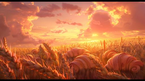 Generate an image of a wheat field at sunrise, with the sky in soft pastels of pink and orange. In the field, create crop circles in the shape of detailed, symmetrical croissants. The croissant crop circles should have defined edges to mimic the flaky texture of real croissants. The surrounding wheat should be undisturbed, and the lighting should accentuate the croissant shapes, casting long shadows to add depth --ar 16:9 --v 6.0