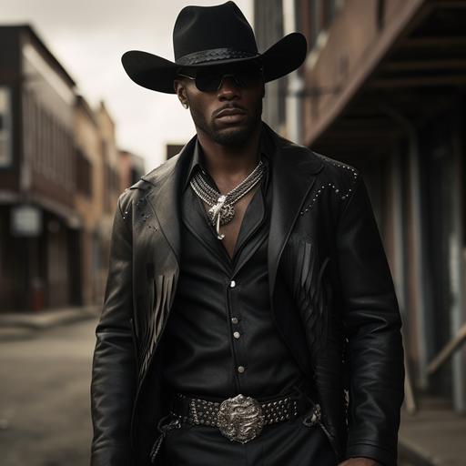 Generate an image of black cowboy with a gangster vibe, blending elements of urban cool and divine charisma. Dress him in street attire with a hint of edge, With a diamond-thorned crown on his head. Pose him in a way that exudes confidence and authority, with a subtle smirk or an enigmatic expression. Incorporate elements of a cityscape or street background to enhance the urban aesthetic. Play with lighting to create a sense of mystery and intrigue. Keep the overall tone both street-savvy and iconically divine, capturing the essence of a 'black Gangster Jesus' with a touch of transcendent cool style of Jean-Michel Basquiat