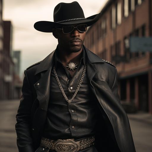 Generate an image of black cowboy with a gangster vibe, blending elements of urban cool and divine charisma. Dress him in street attire with a hint of edge, With a diamond-thorned crown on his head. Pose him in a way that exudes confidence and authority, with a subtle smirk or an enigmatic expression. Incorporate elements of a cityscape or street background to enhance the urban aesthetic. Play with lighting to create a sense of mystery and intrigue. Keep the overall tone both street-savvy and iconically divine, capturing the essence of a 'black Gangster Jesus' with a touch of transcendent cool style of Jean-Michel Basquiat