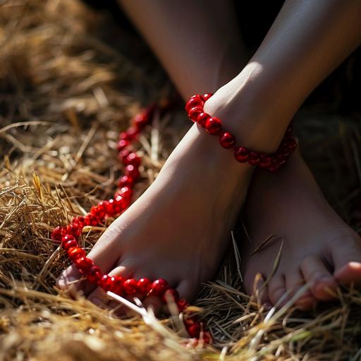 Generate an image of feet and red beads, placed on hay or grass. Capture this scene in close-up to emphasize the skin texture, and ensure the lighting is natural --v 6.0 --style raw