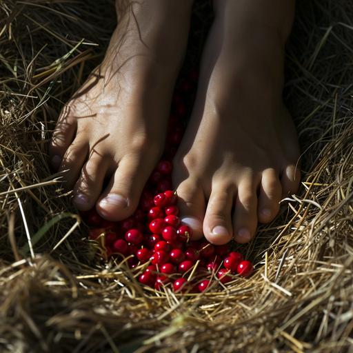 Generate an image of feet and red beads, placed on hay or grass. Capture this scene in close-up to emphasize the skin texture, and ensure the lighting is natural --v 6.0 --style raw