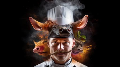 Generate an image portraying a chef de cuisine with a captivating blend of his face and the features of a bull, a pig, and a sheep. The image should highlight the chef's expression, conveying a mix of confidence and creativity. The bull's horns should gracefully merge with the chef's hair, the pig's snout blending harmoniously with his nose, and the sheep's wool softly integrating with his beard. Place the chef in a modern, well-equipped kitchen, with stainless steel appliances, gleaming countertops, and vibrant ingredients scattered around. Depict the scene in a vibrant and lively illustration style, using digital art techniques to add depth and richness to the colors. --ar 16:9 --v 5