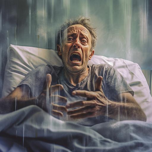 Generate an image that captures the psychological trauma accompanying physical pain. Depict a person in a hospital bed, their hand out of view but their face a portrait of shock and distress. The setting should suggest a medical aftermath, perhaps with a blurred doctor in the background and medical equipment on the side