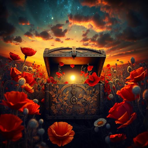 Generate an image that embodies the wonder and magic of a surreal poppy field. The fiery red flowers are ablaze with a radiant energy, with a golden treasure chest at the center overflowing with unimaginable riches. The sky above is a dazzling array of vibrant colors, and the entire scene is bathed in a luminous, almost divine light. This image is perfect for a YouTube thumbnail, with an ideal aspect ratio of 16:9 to make it stand out on the platform.