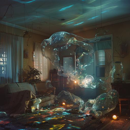 Generate an intricate and cinematic photograph capturing the essence of a mysterious midjourney. Set the scene with detailed lighting, carefully staged elements, and evoke a sense of surrealism in the style of Gregory Crewdson. The image should convey a narrative or emotional undertone associated with the journey taking place, symbol, a floating transparent translucent bright colorful glowing abstract swirling glass shapes floating wrapped in metal reflective, in a small desert town