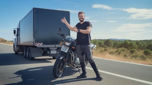 Generate an ultra-realistic and highly detailed image of a man smiling and raising one thumb up. The man is positioned approximately 20 meters from the tow truck, which is loading his motorcycle in the background, intentionally blurred to create depth. The setting is a remote and isolated road, with a clear landscape in the background. Pay meticulous attention to the lighting, shadows, and details of the scene to ensure a photographic quality, capturing the essence of a roadside motorcycle breakdown and recovery moment. --ar 16:9 --s 50
